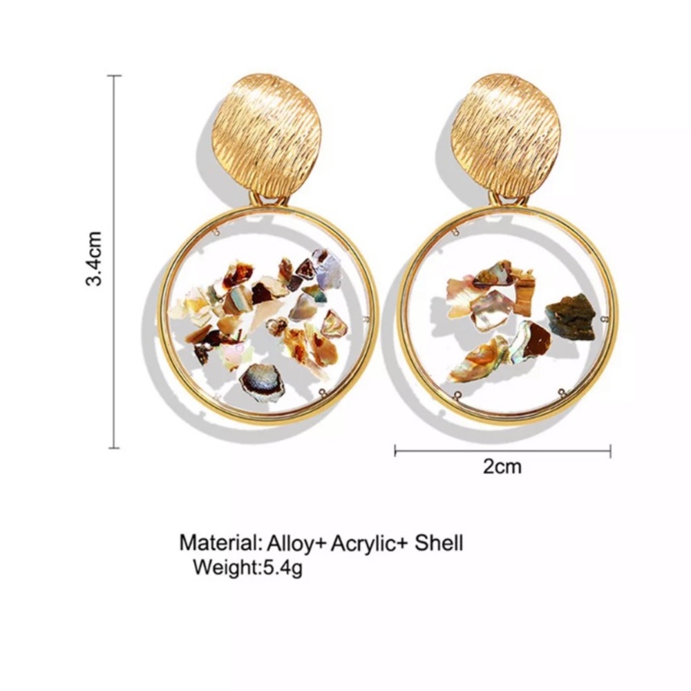 Gold Round Acrylic Shell Earrings - Picture 2 of 5
